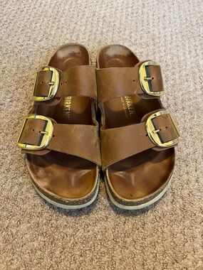 Birkenstock Brown Leather Double Buckle Slide Sandals with Gold Buckles